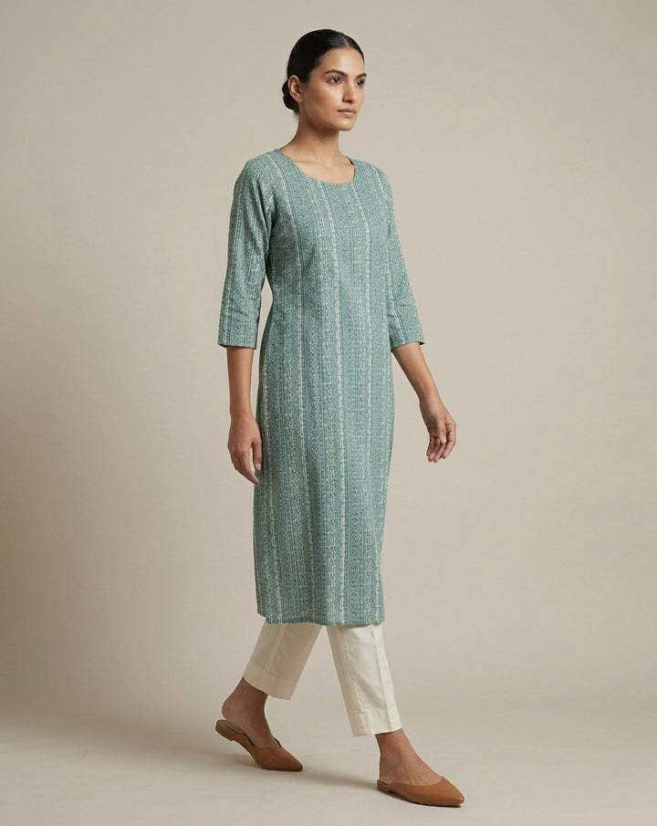 Teal Blue Vertical Geometric Printed Cotton Straight Kurta