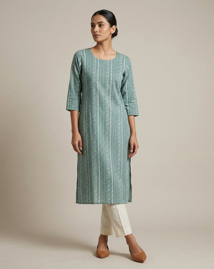 Teal Blue Vertical Geometric Printed Cotton Straight Kurta