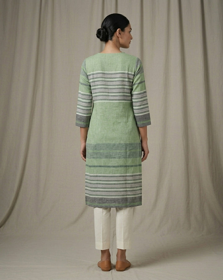Sage Green Horizontal Striped Cotton Straight Kurta