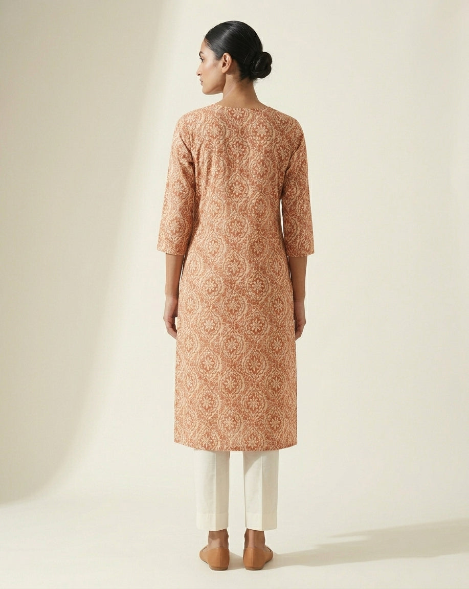 Terracotta and Ivory Ogee Floral Printed Cotton Straight Kurta