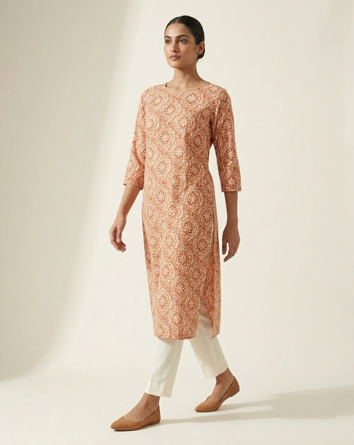 Terracotta and Ivory Ogee Floral Printed Cotton Straight Kurta