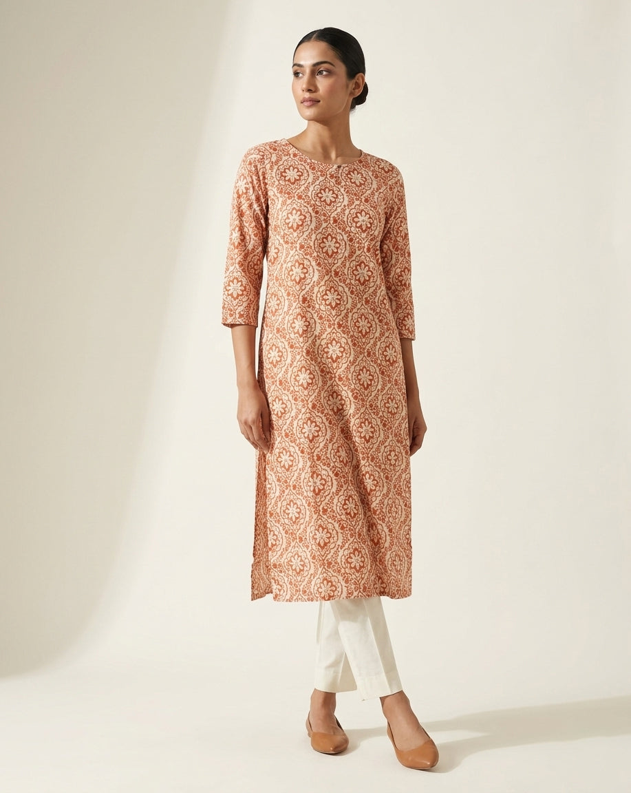 Terracotta and Ivory Ogee Floral Printed Cotton Straight Kurta