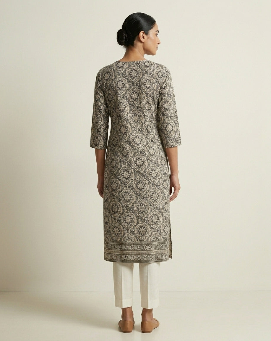 Black and Ivory Ogee Floral Printed Cotton Straight Kurta
