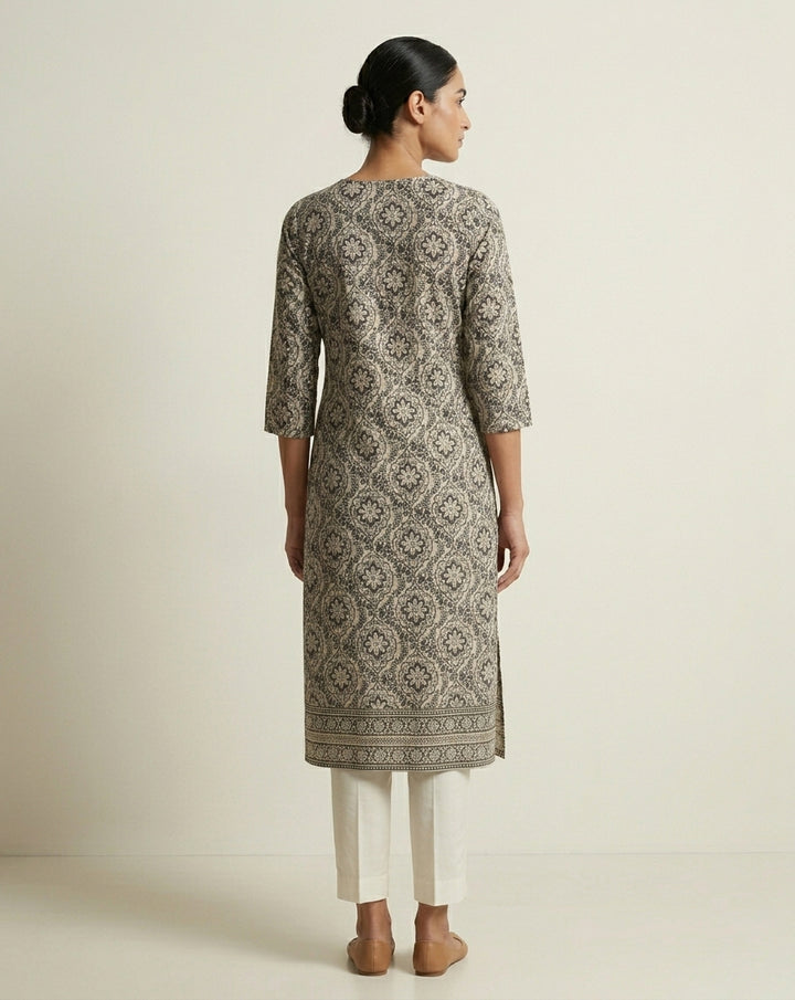 Black and Ivory Ogee Floral Printed Cotton Straight Kurta