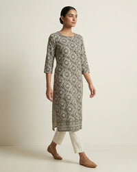 Black and Ivory Ogee Floral Printed Cotton Straight Kurta 2