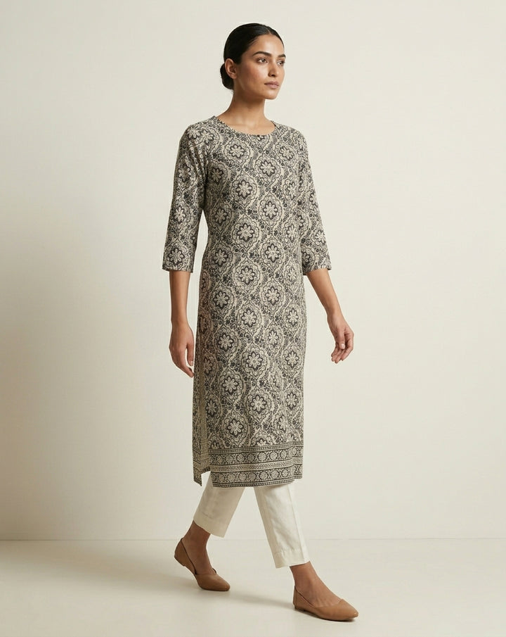 Black and Ivory Ogee Floral Printed Cotton Straight Kurta