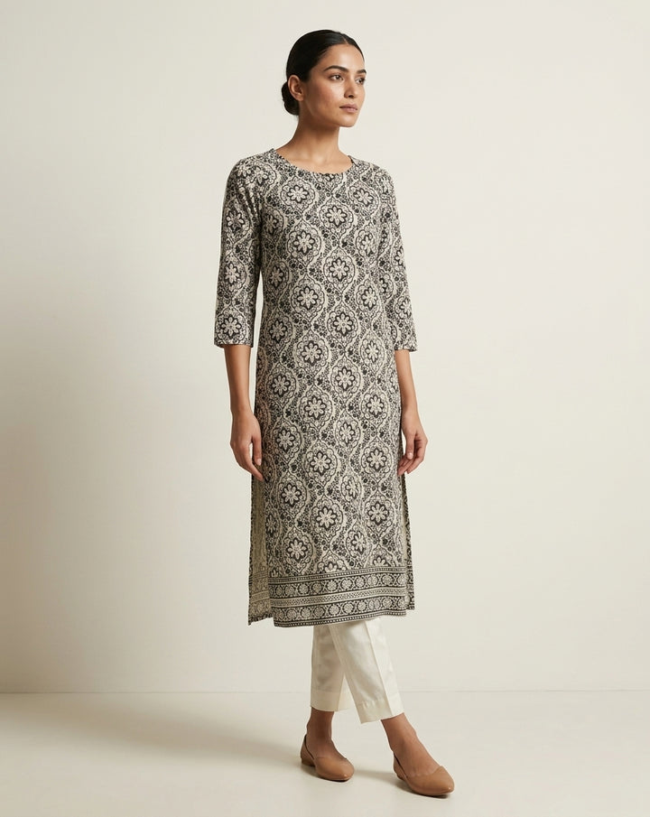Black and Ivory Ogee Floral Printed Cotton Straight Kurta