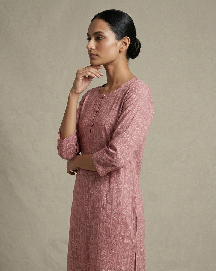 Mauve Vertical Floral and Geometric Printed Cotton Straight Kurta