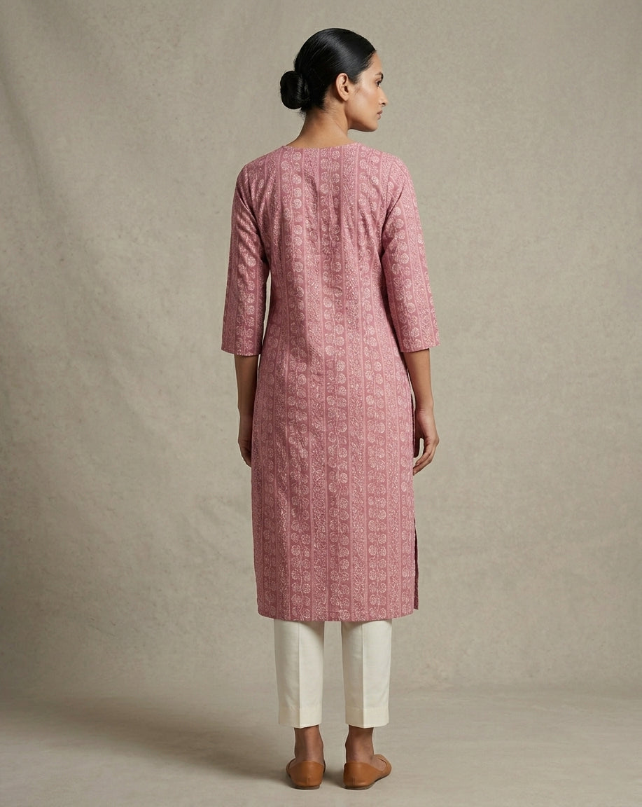 Mauve Vertical Floral and Geometric Printed Cotton Straight Kurta