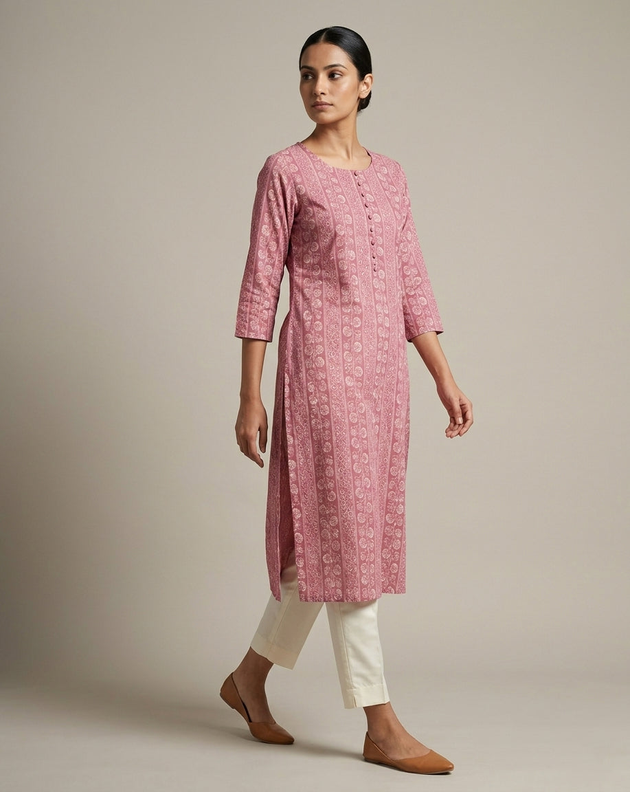 Mauve Vertical Floral and Geometric Printed Cotton Straight Kurta