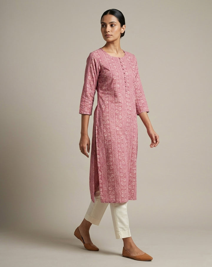 Mauve Vertical Floral and Geometric Printed Cotton Straight Kurta
