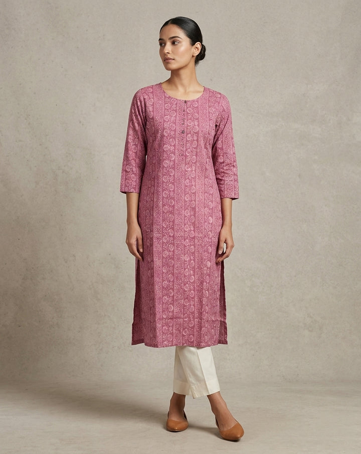 Mauve Vertical Floral and Geometric Printed Cotton Straight Kurta