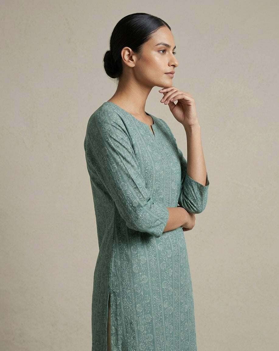 Seafoam Green Vertical Striped Floral Printed Cotton Straight Kurta