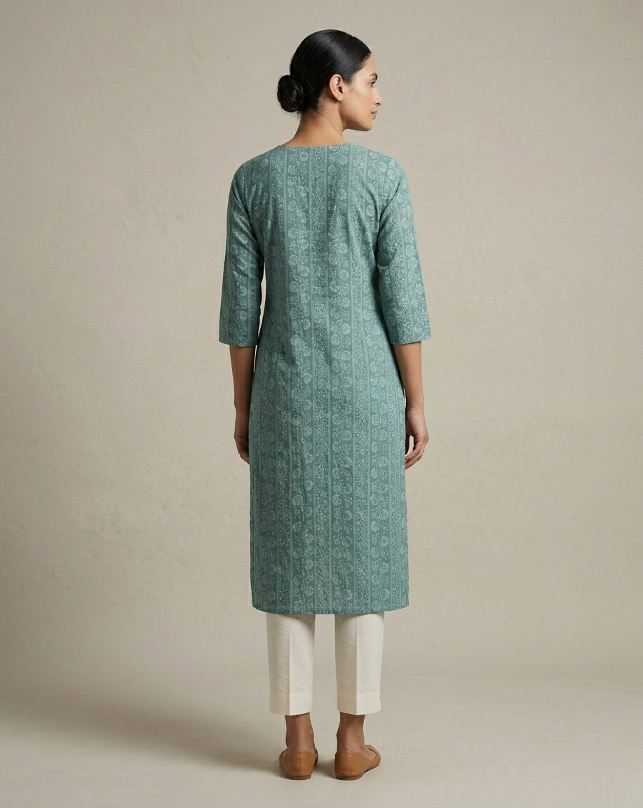 Seafoam Green Vertical Striped Floral Printed Cotton Straight Kurta
