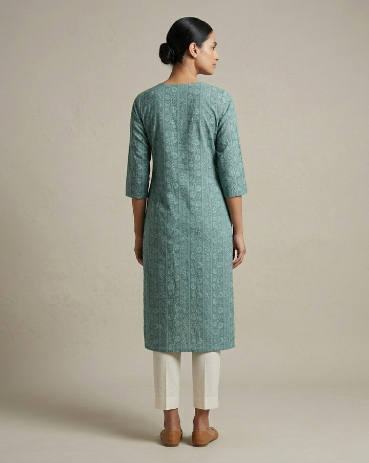 Seafoam Green Vertical Striped Floral Printed Cotton Straight Kurta