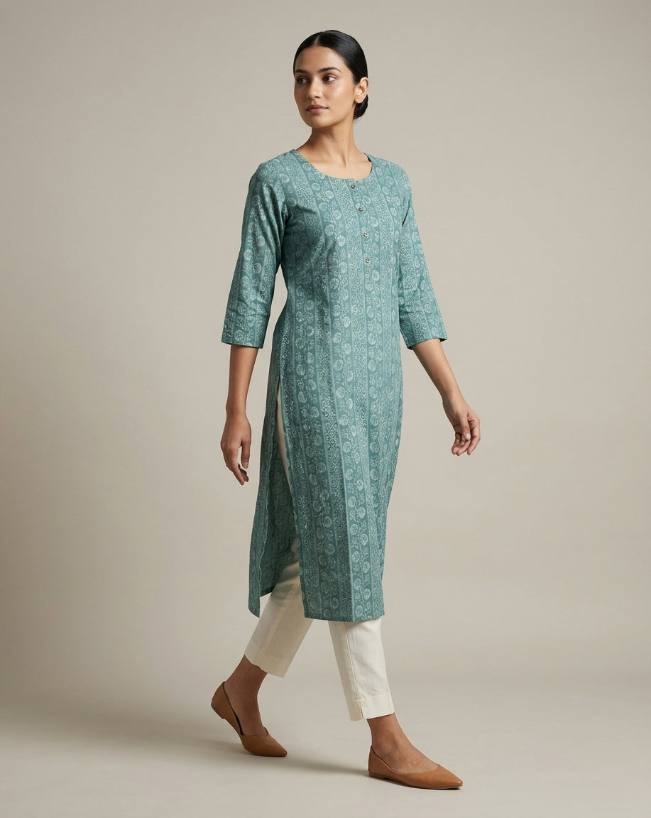 Seafoam Green Vertical Striped Floral Printed Cotton Straight Kurta