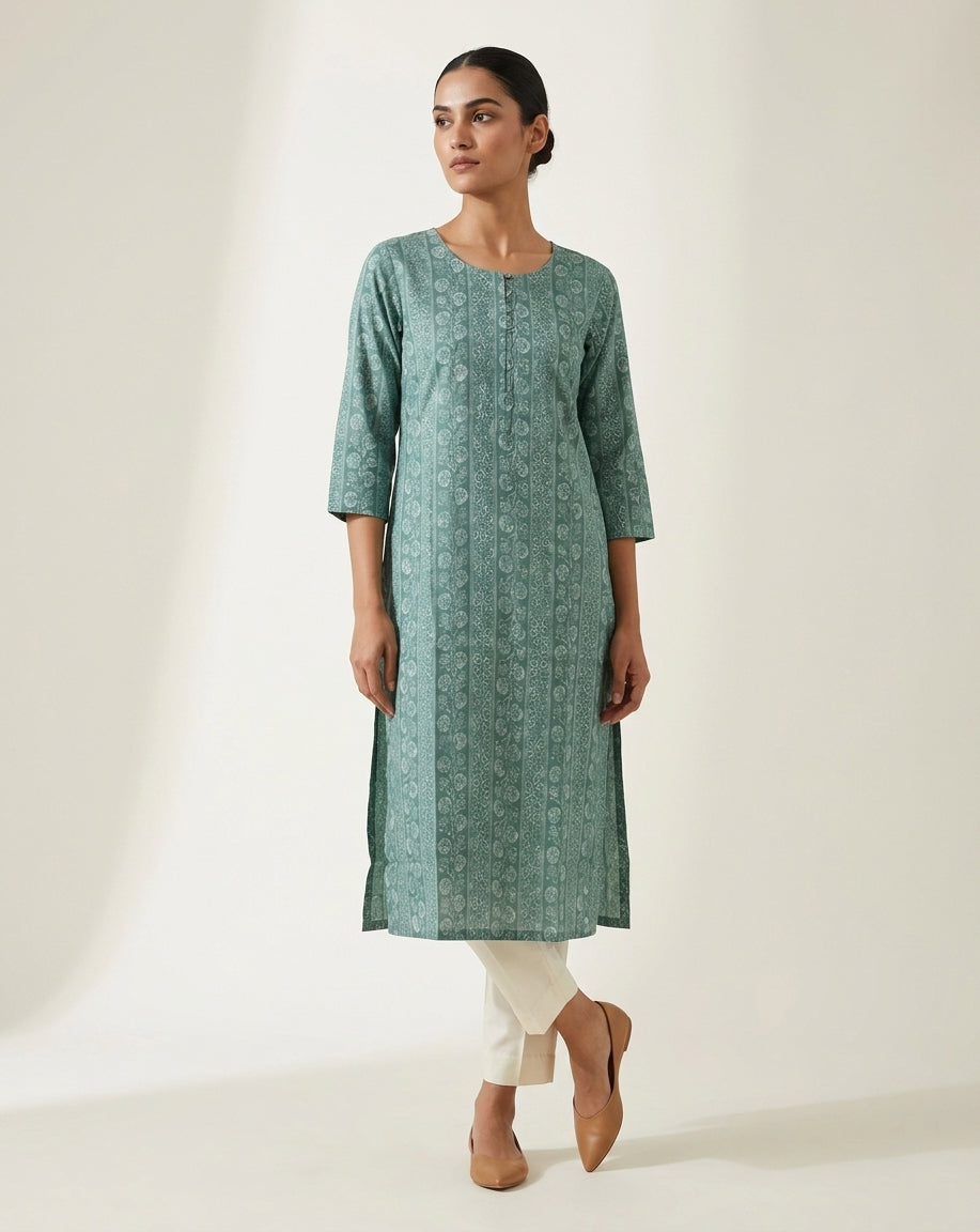 Seafoam Green Vertical Striped Floral Printed Cotton Straight Kurta