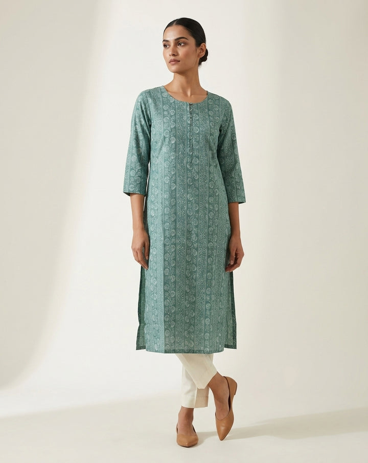 Seafoam Green Vertical Striped Floral Printed Cotton Straight Kurta