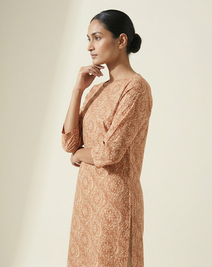 Terracotta and Ivory Ogee Floral Printed Cotton Straight Kurta