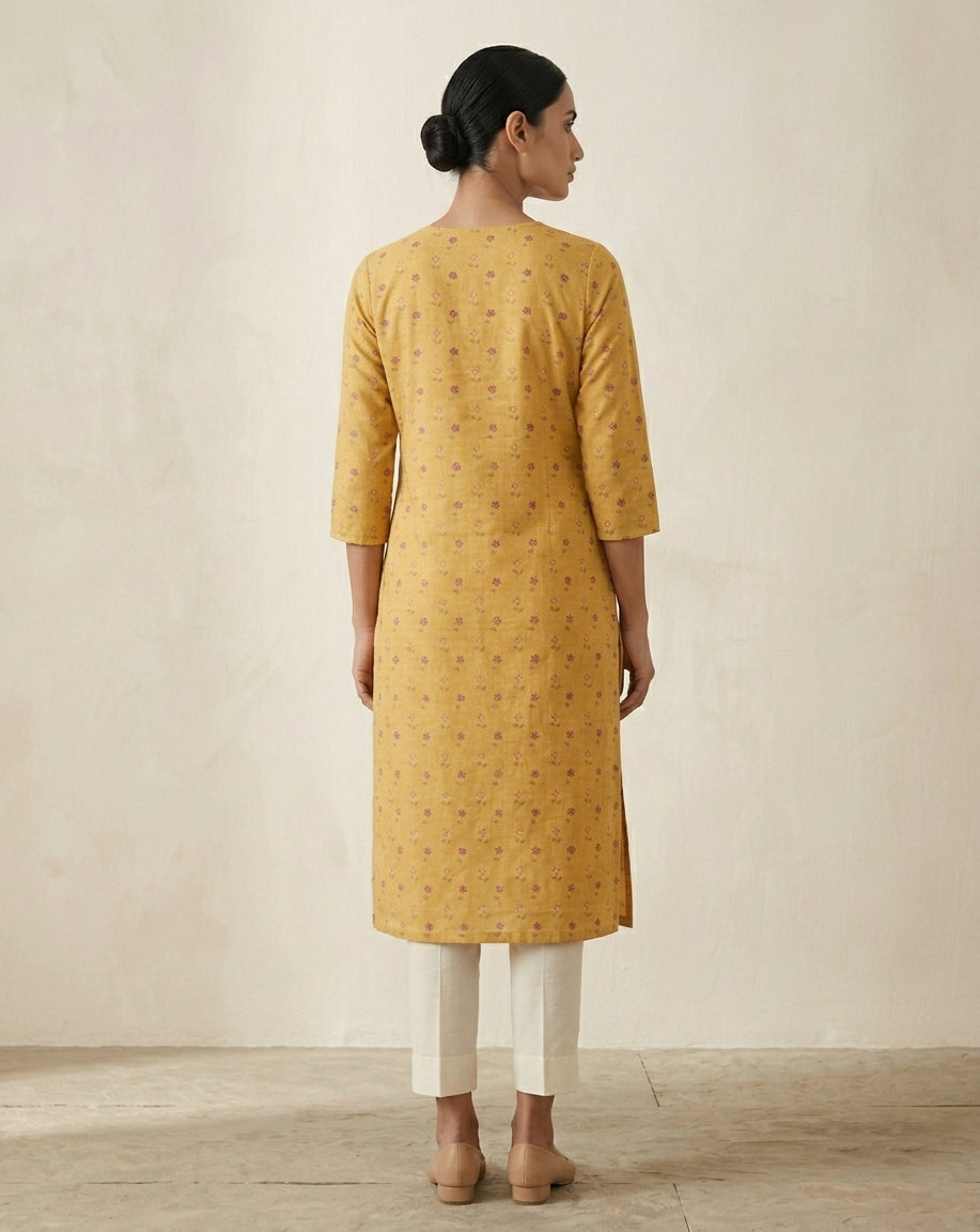 Mustard Yellow Dainty Floral Printed Cotton Straight Kurta