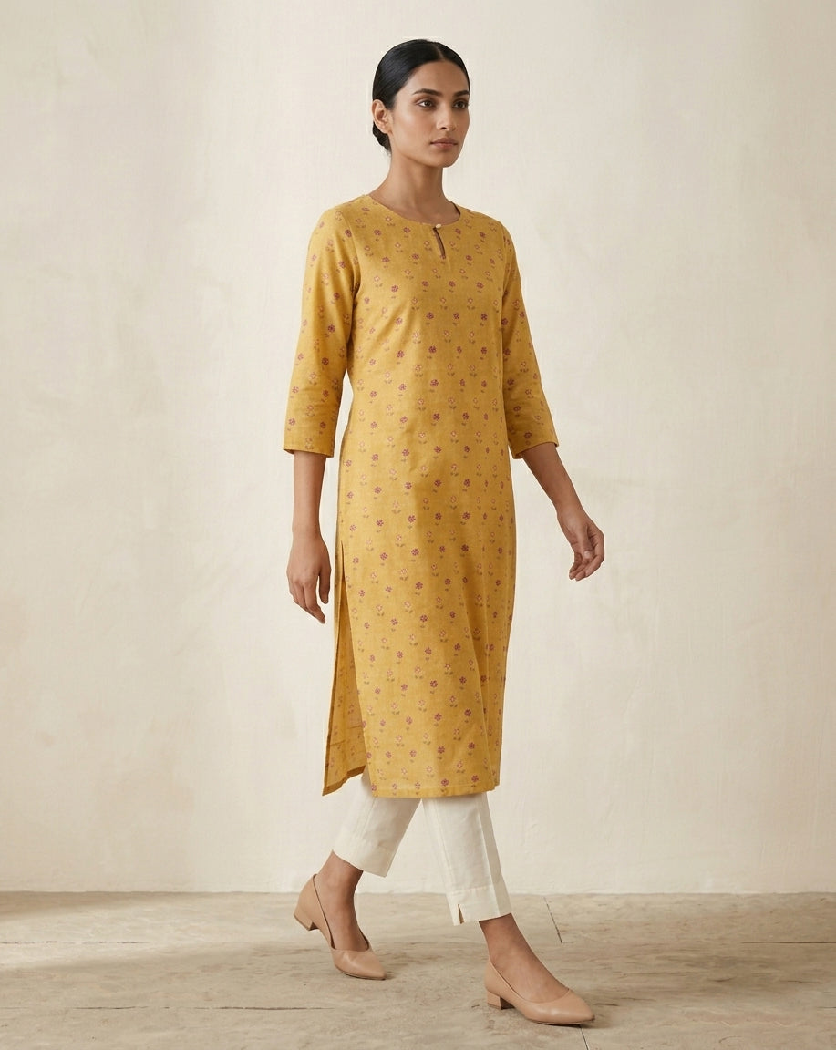 Mustard Yellow Dainty Floral Printed Cotton Straight Kurta