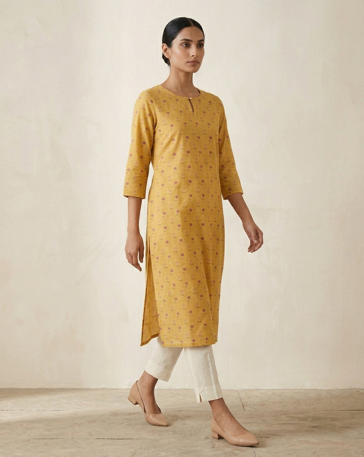 Mustard Yellow Dainty Floral Printed Cotton Straight Kurta