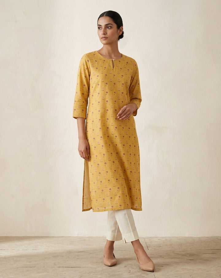 Mustard Yellow Dainty Floral Printed Cotton Straight Kurta