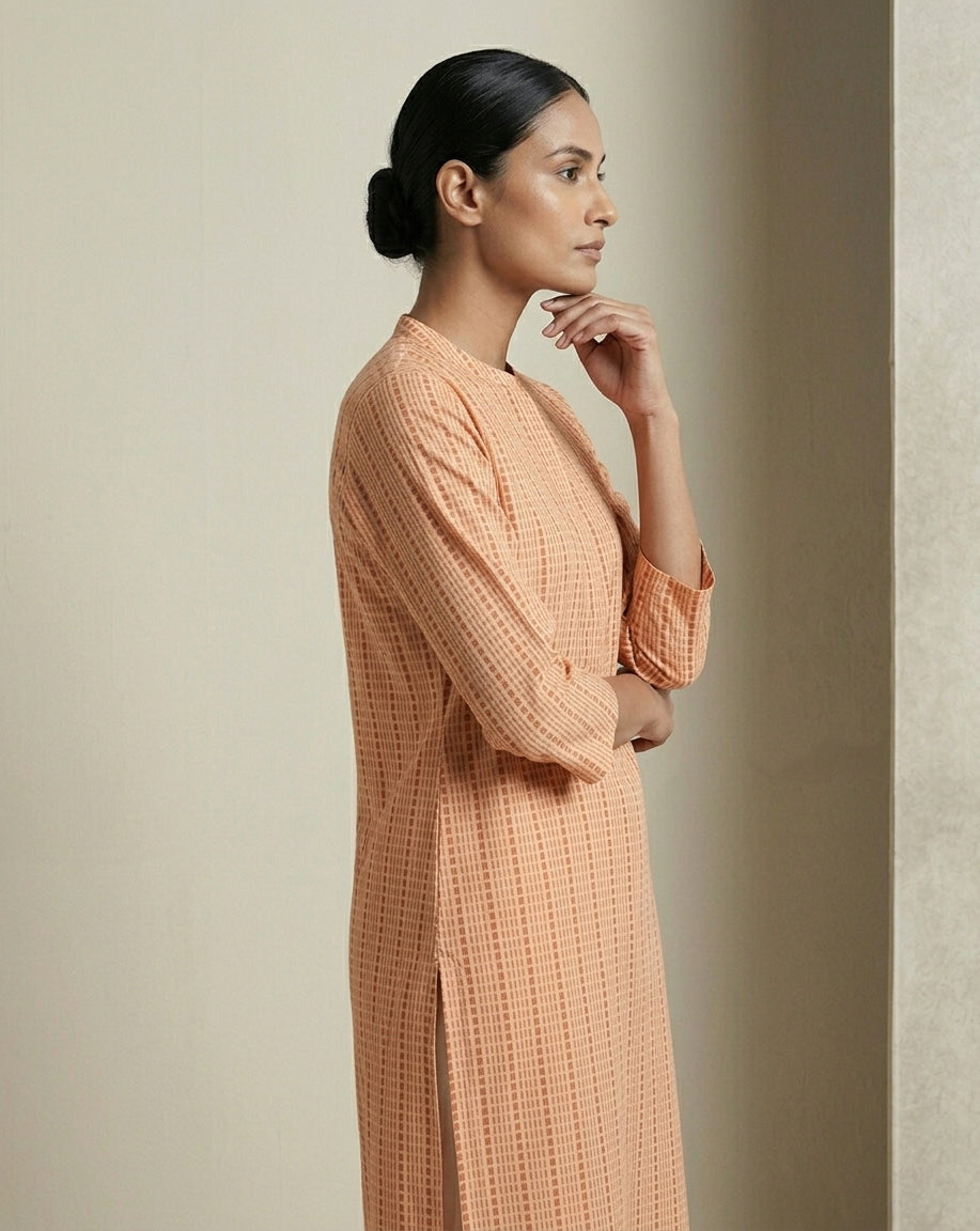 Peach Solid Cotton Straight Kurta with Mandarin Collar