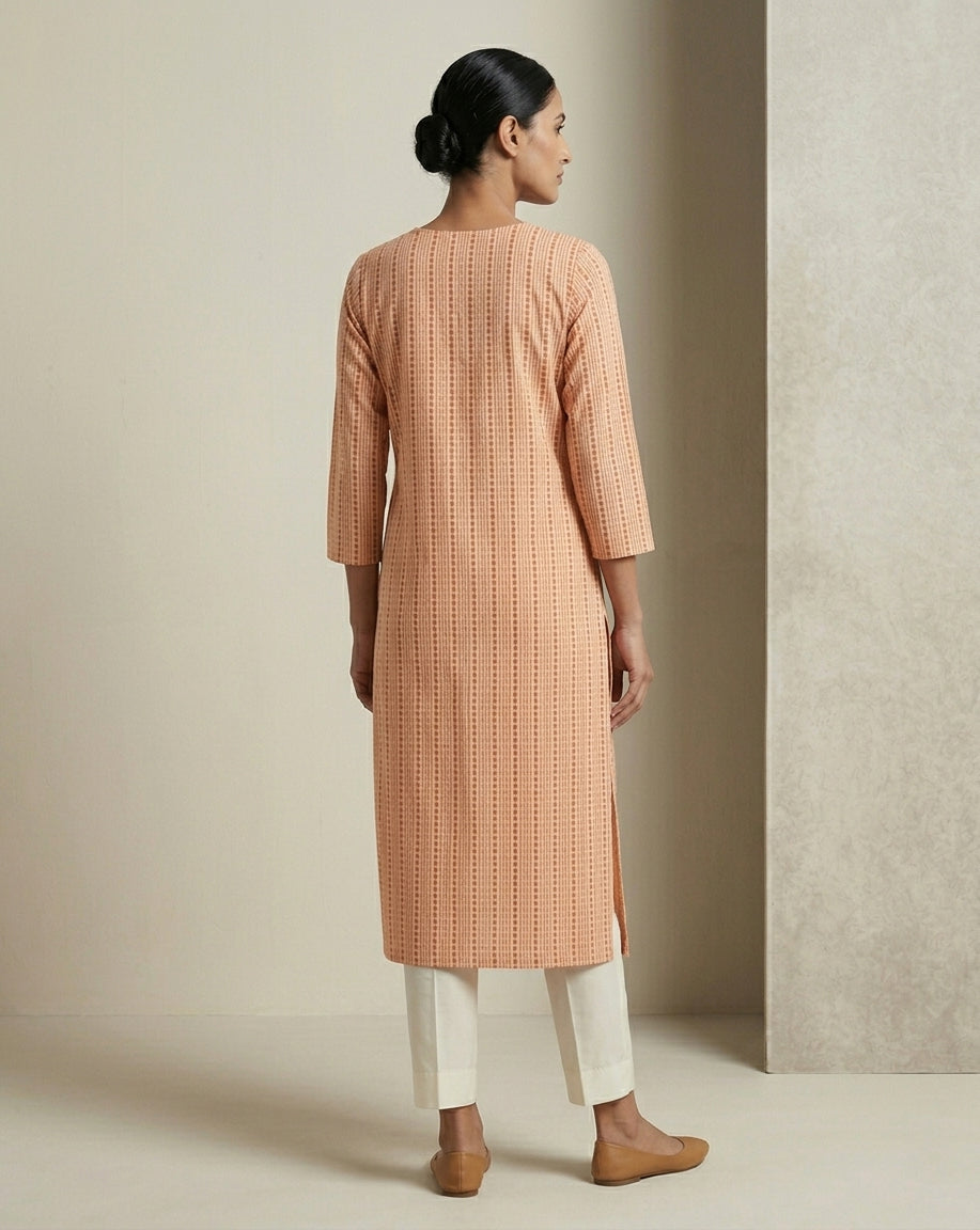 Peach Solid Cotton Straight Kurta with Mandarin Collar