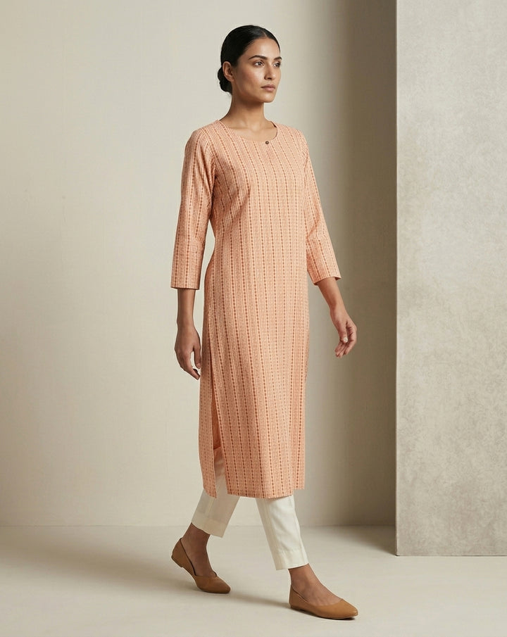 Peach Solid Cotton Straight Kurta with Mandarin Collar
