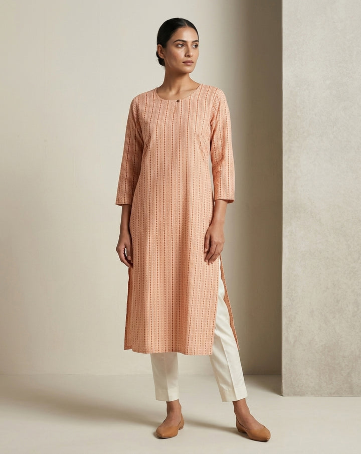 Peach Solid Cotton Straight Kurta with Mandarin Collar