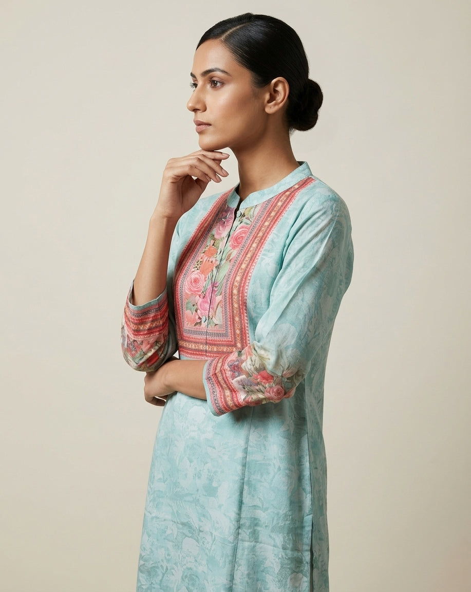 Aqua Blue Self-Floral Printed Cotton Straight Kurta with Rectangular Yoke