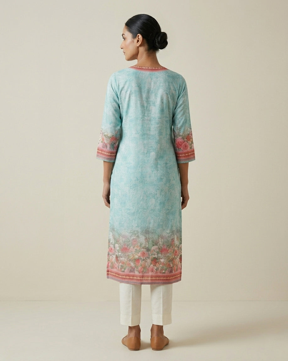 Aqua Blue Self-Floral Printed Cotton Straight Kurta with Rectangular Yoke