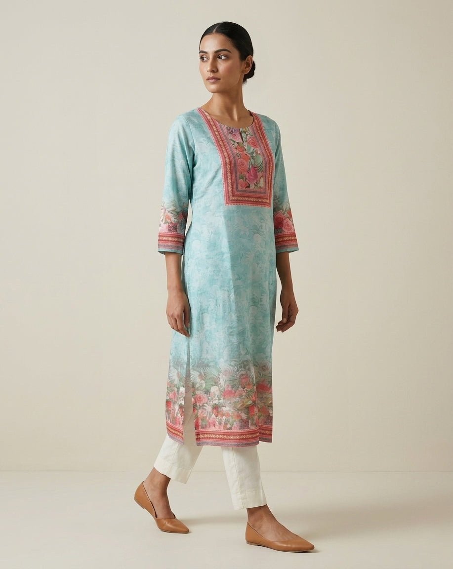 Aqua Blue Self-Floral Printed Cotton Straight Kurta with Rectangular Yoke