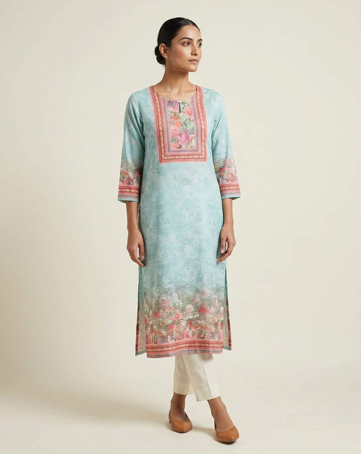 Aqua Blue Self-Floral Printed Cotton Straight Kurta with Rectangular Yoke