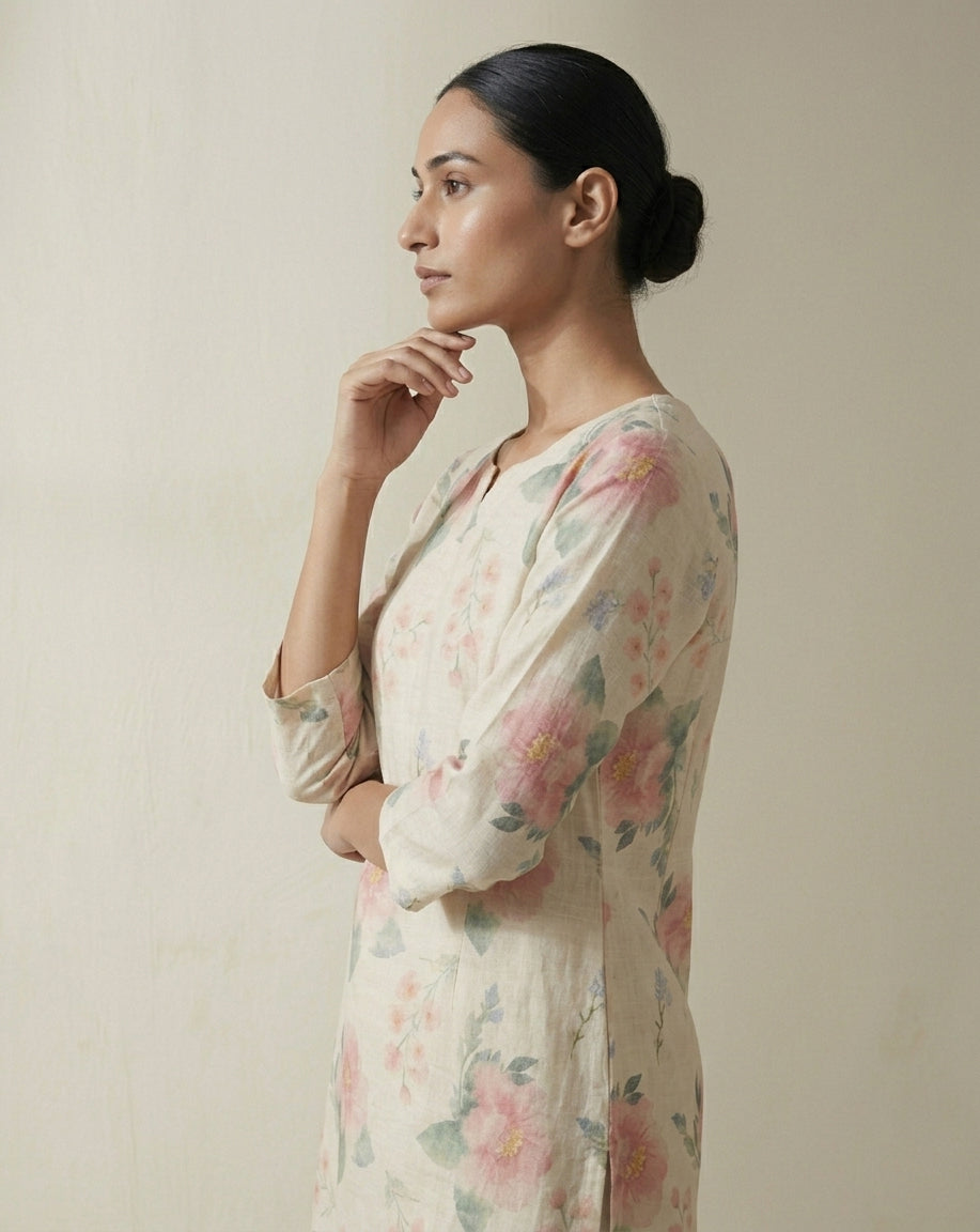 Ivory and Pink Watercolor Floral Printed Cotton Straight Kurta