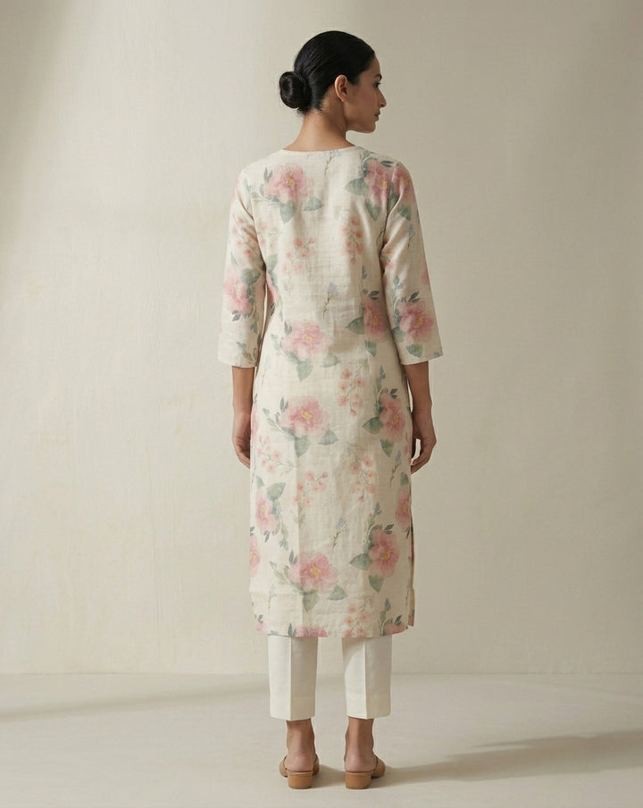 Ivory and Pink Watercolor Floral Printed Cotton Straight Kurta