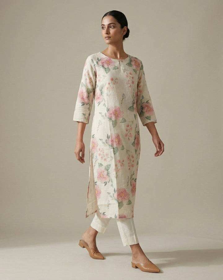 Ivory and Pink Watercolor Floral Printed Cotton Straight Kurta