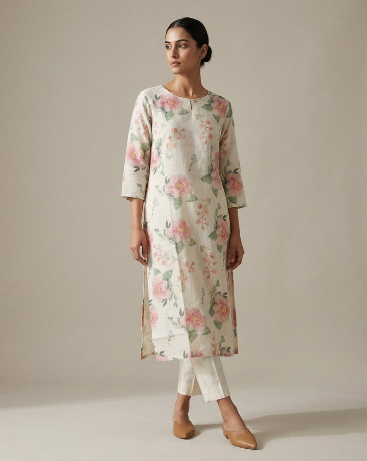 Ivory and Pink Watercolor Floral Printed Cotton Straight Kurta