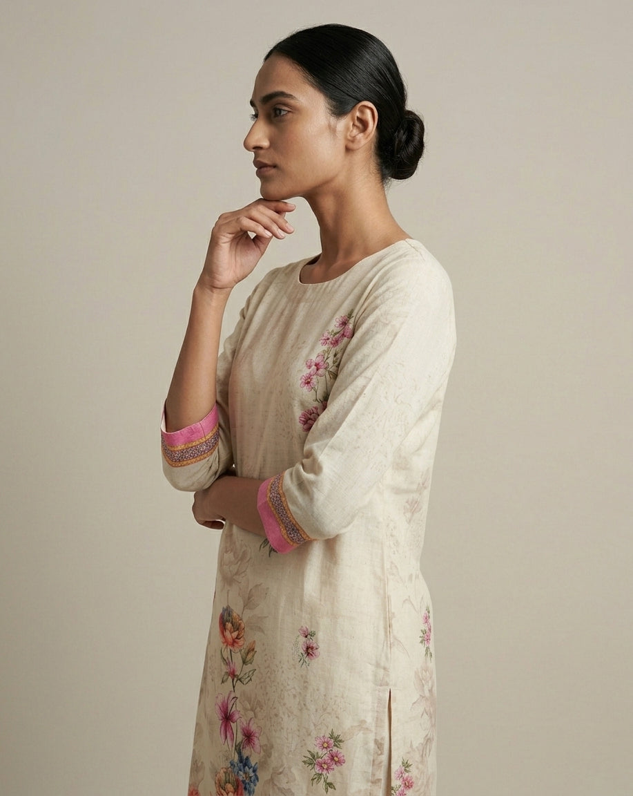 Ivory Floral Printed Cotton Straight Kurta with Pink Borders