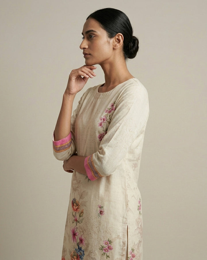 Ivory Floral Printed Cotton Straight Kurta with Pink Borders