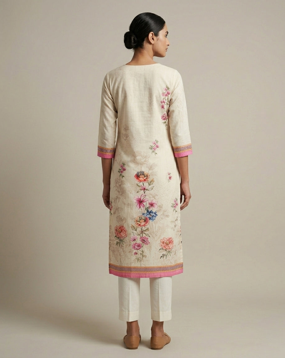 Ivory Floral Printed Cotton Straight Kurta with Pink Borders