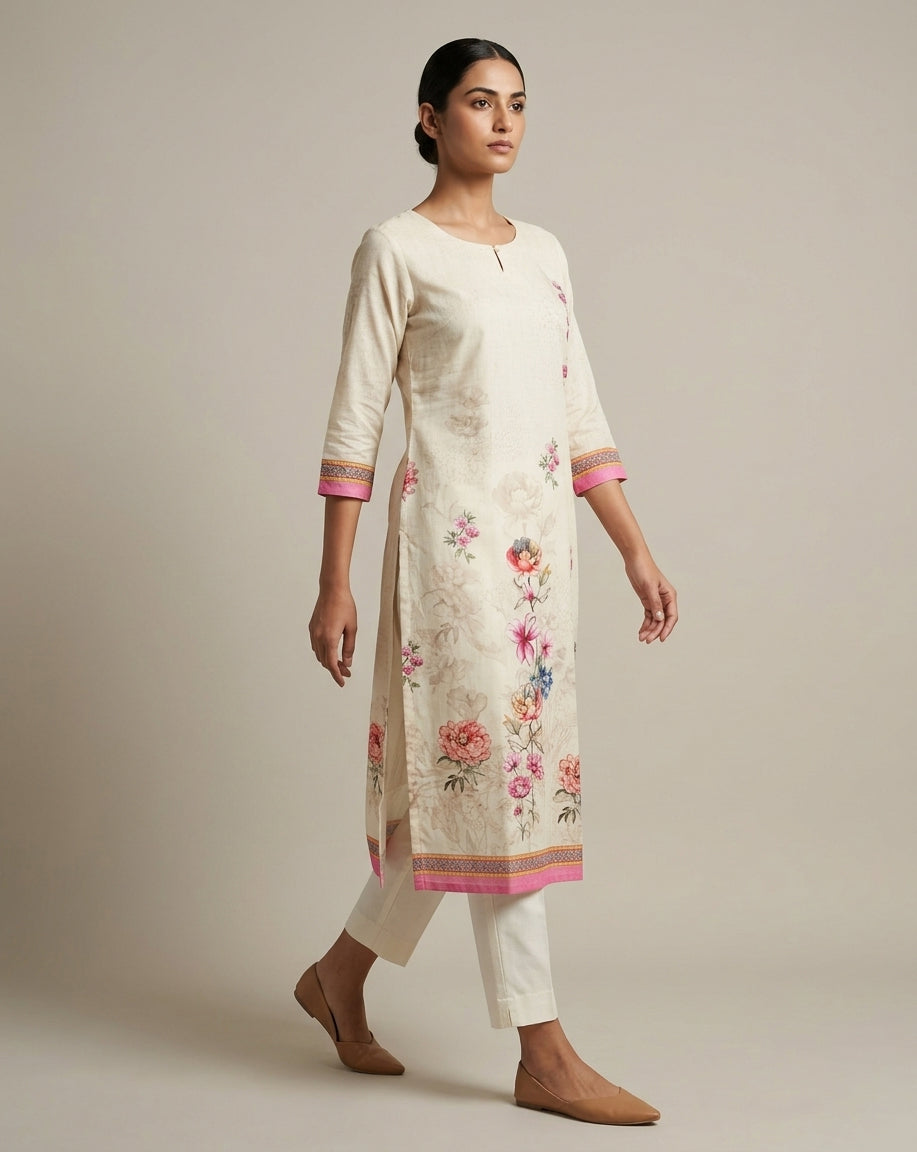 Ivory Floral Printed Cotton Straight Kurta with Pink Borders