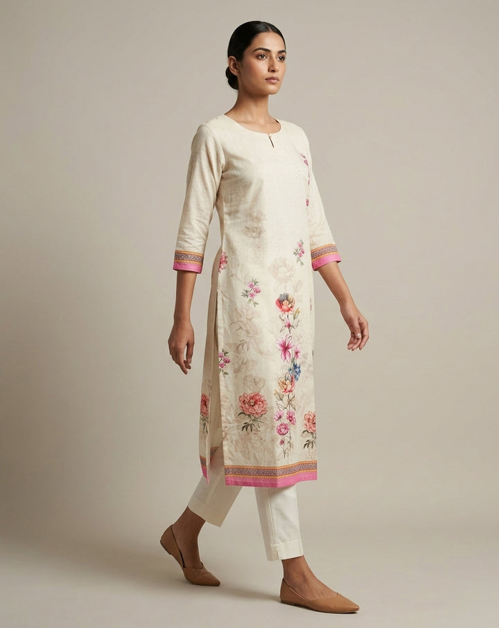 Ivory Floral Printed Cotton Straight Kurta with Pink Borders