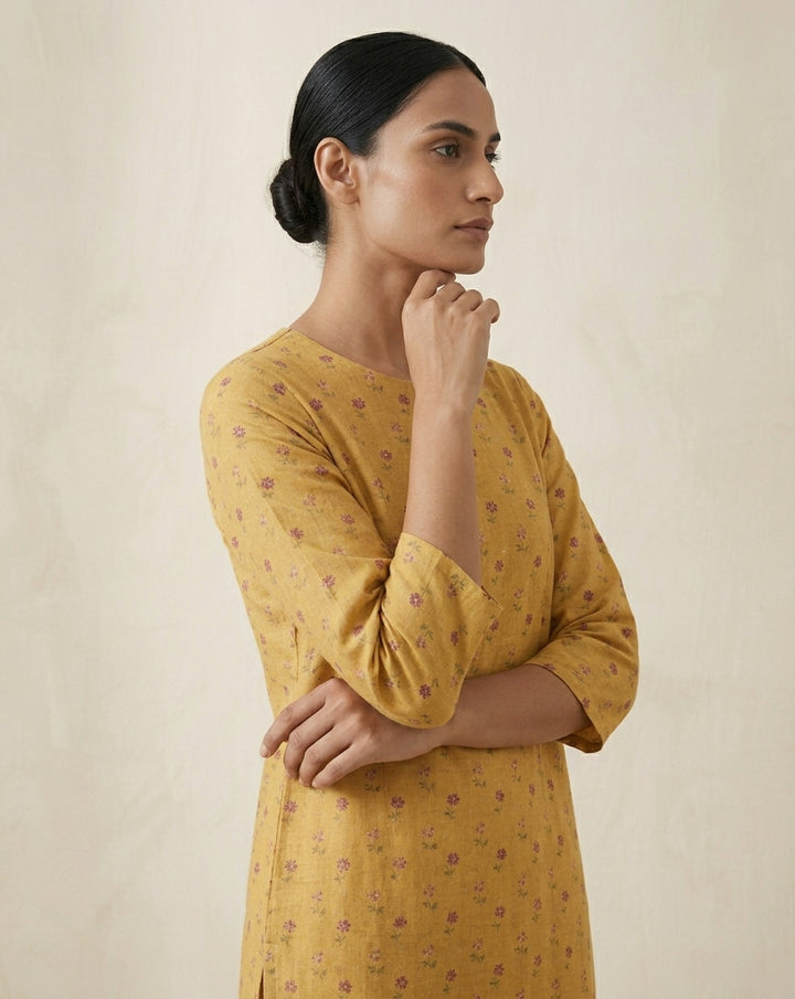 Mustard Yellow Dainty Floral Printed Cotton Straight Kurta