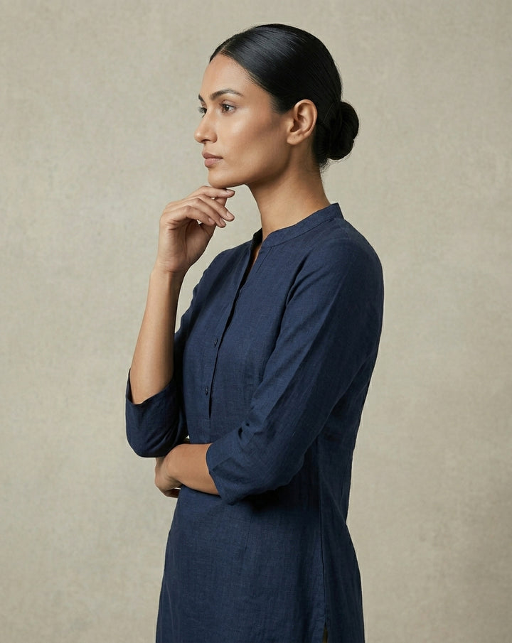 Deep Navy Solid Cotton Straight Kurta with Mandarin Collar