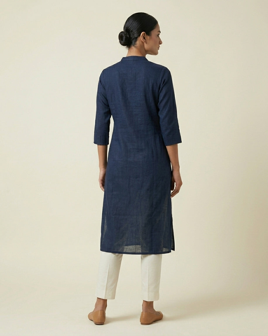 Deep Navy Solid Cotton Straight Kurta with Mandarin Collar