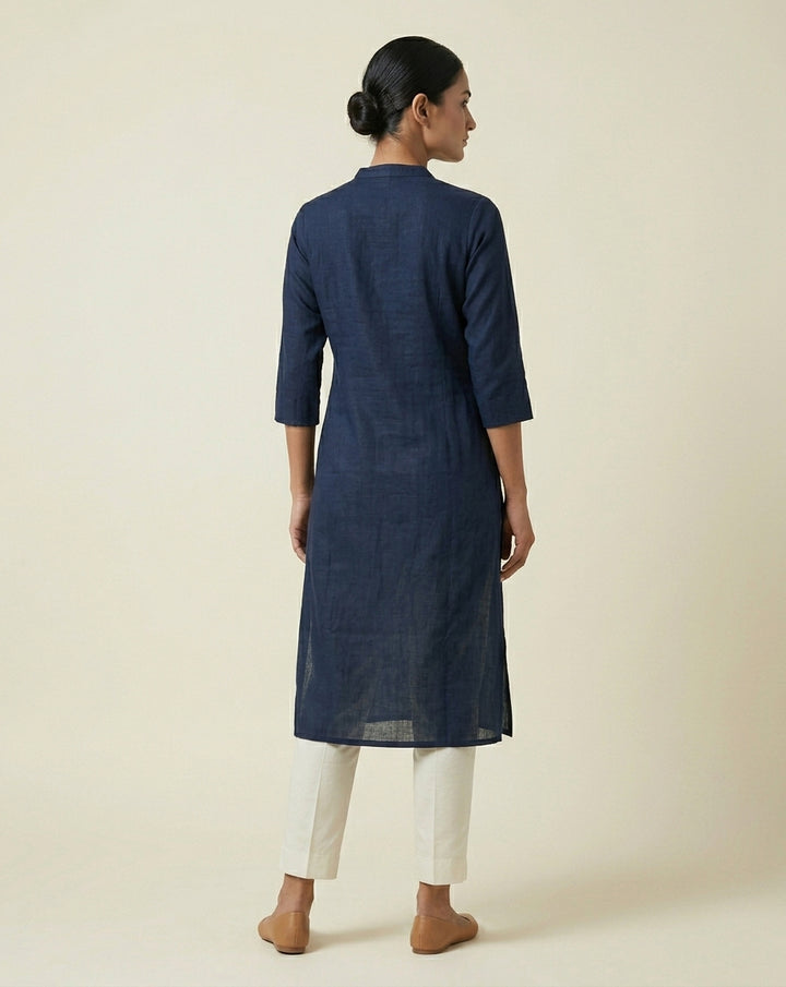 Deep Navy Solid Cotton Straight Kurta with Mandarin Collar