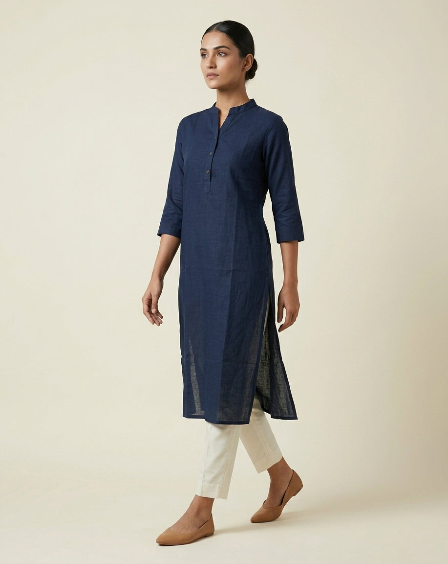 Deep Navy Solid Cotton Straight Kurta with Mandarin Collar