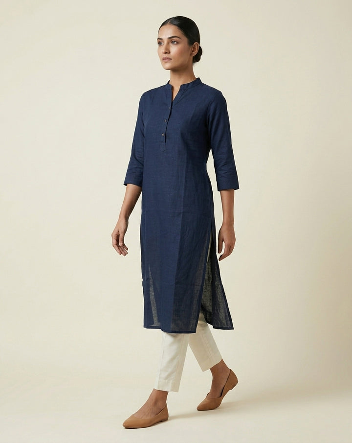 Deep Navy Solid Cotton Straight Kurta with Mandarin Collar